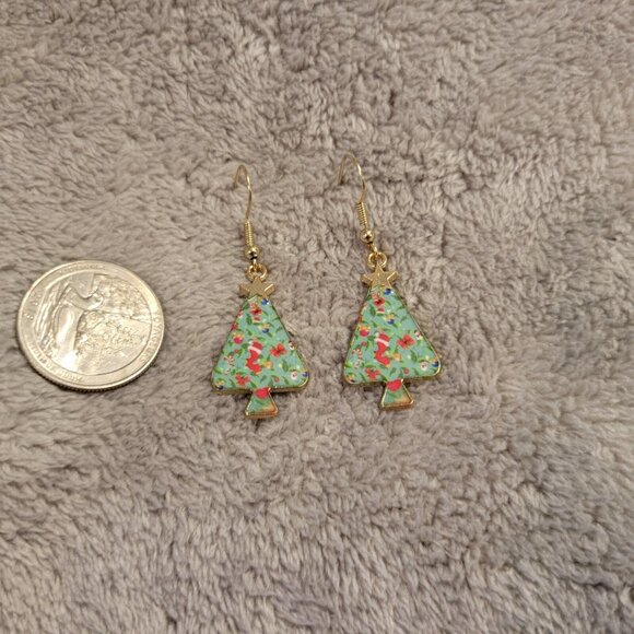 Christmas Trees #2 Womens Earrings One Pair Stockings Hanging Gold Tone E80E - Picture 2 of 3